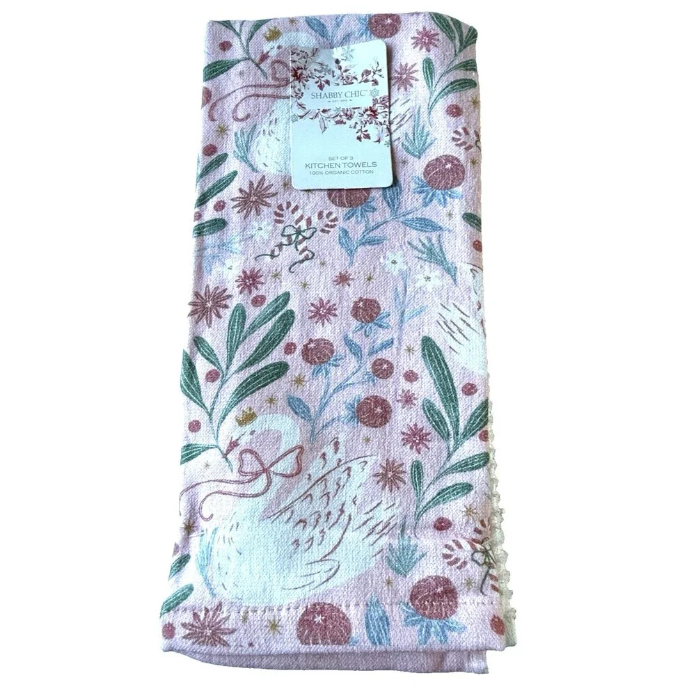 Shabby Chic Kitchen Towels Set of 3 Swans Pink Green White 100% Cotton 16X24